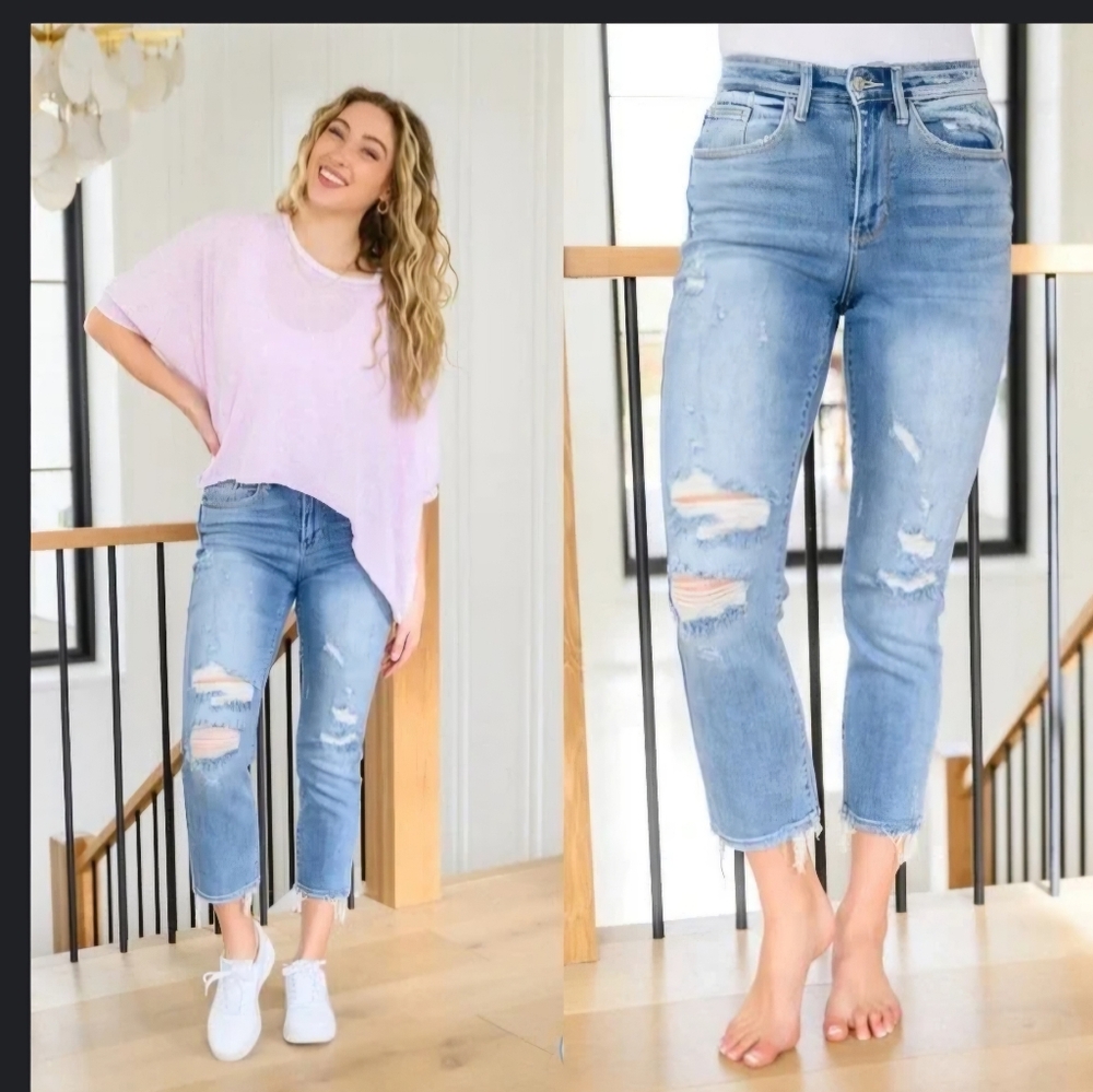 Judy Blue Destroyed Fringe Straight High Rise Jeans W31 medium wash blue